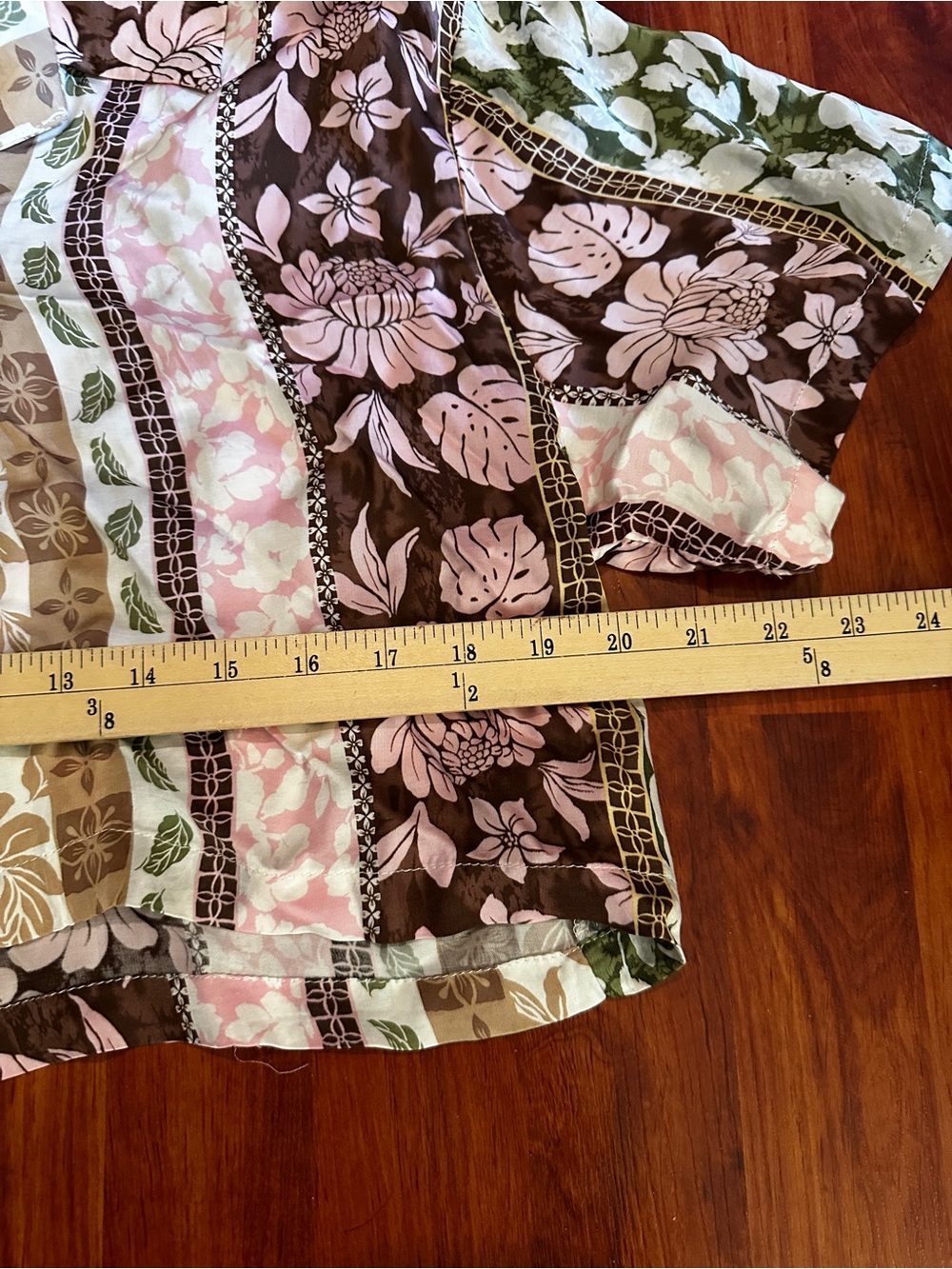 Satin Floral Patchwork Print Button Shirt - Pink, Brown, Green size small - Picture 8 of 10